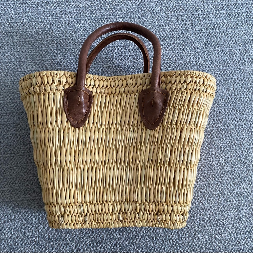 Straw Tote Handbag with Brown Handles